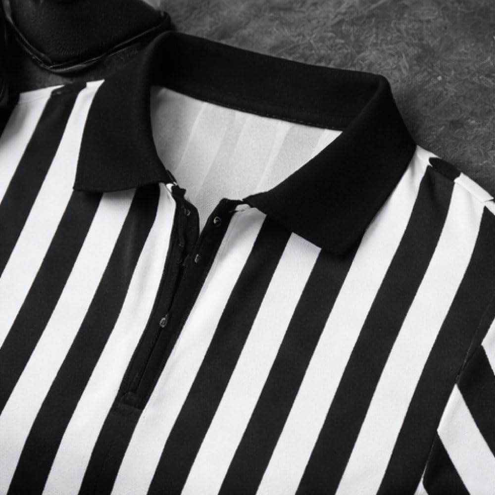 Nationwear Camiseta de Árbitro a Rayas para Hombre y Mujer – Clásica Camiseta Negra y Blanca con Cuello y Media Cremallera, Manga Corta, Ligera de Poliéster de Secado Rápido