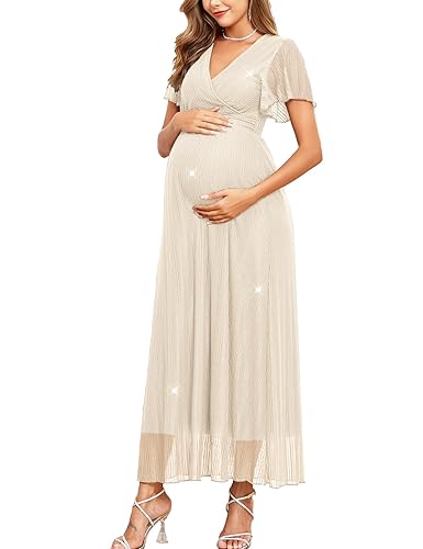 AISWI Maternity Sparkly Mesh Maxi Dress Ruffle Sleeve Wrap V