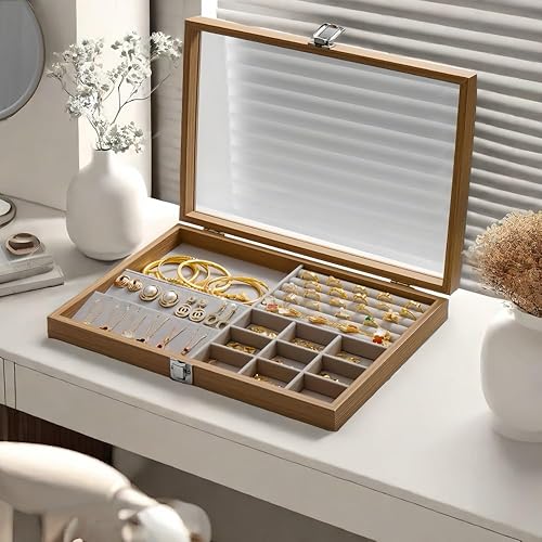 Miniatura 4 de Joyero multifuncional, bandeja de joyería de madera, organizador de joyas con tapa transparente, caja de joyería vintage, vitrina de joyería
