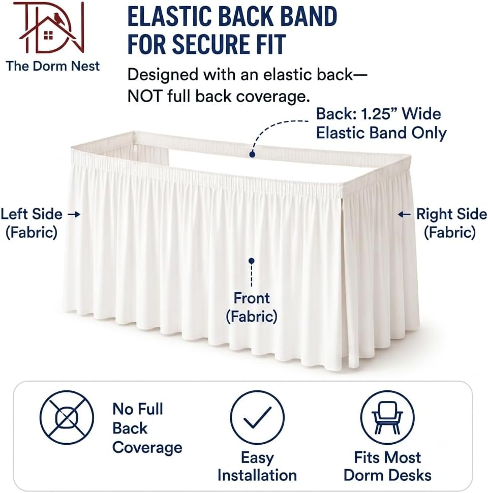 Desk Skirt for Dorm - Ruffled Gathered Microfiber Table Skirt with Split Corners, 3-Sided Design Without Platform for College Dorm Room or Home Office Table, White, Fits 24" D x 30" W with 30" Drop image 5