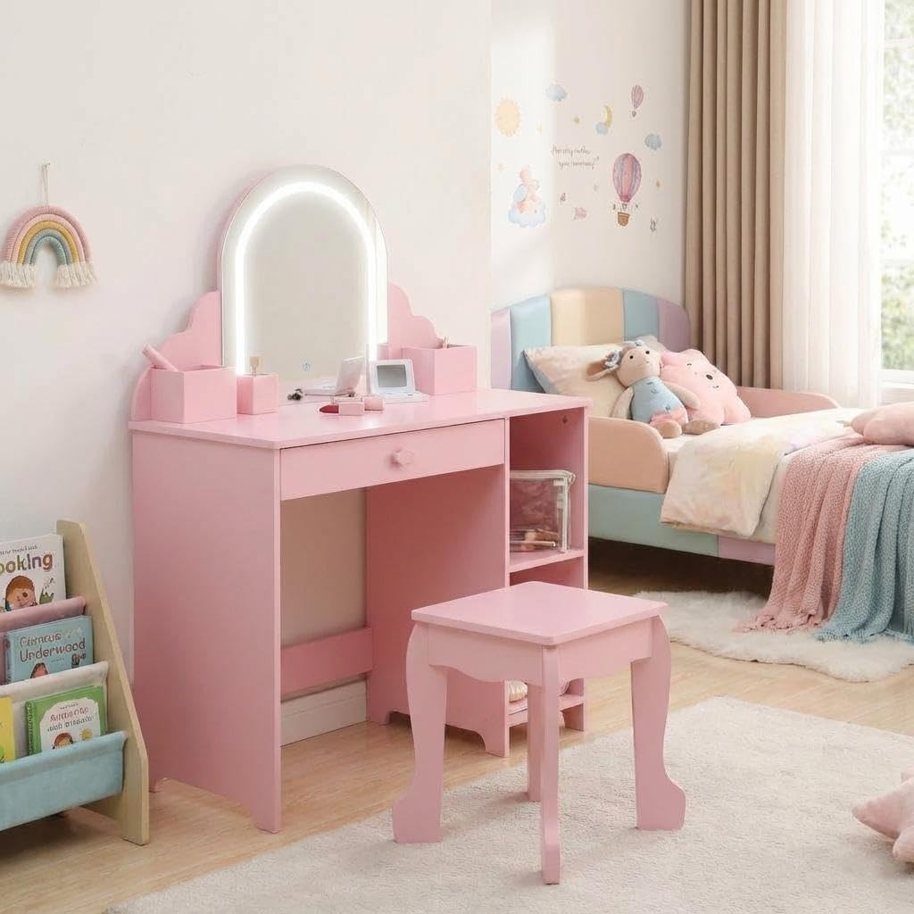 GAOMON Kids Vanity Table & Stool Set with LED Lighted Mirror – 2-in-1 Makeup & Study Desk – Drawers & Open Shelves – Bedroom Furniture for Girls Ages 3-9 – Pink (with Accessories)