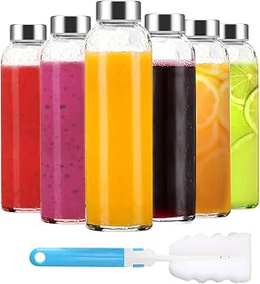 Luxfuel 18oz Clear Glass Water Bottles with Leak-Proof Stainless Steel Lids - Reusable BPA-Free Juice Jars, Set of 6
