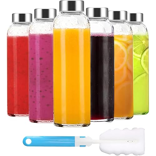 Clear Glass Bottles with Lids 18 oz, Reusable Glass Water Bottles with Stainless Steel Cap for Juicing, Refrigerator,100% Leak Proof, BPA Free, Set of 6