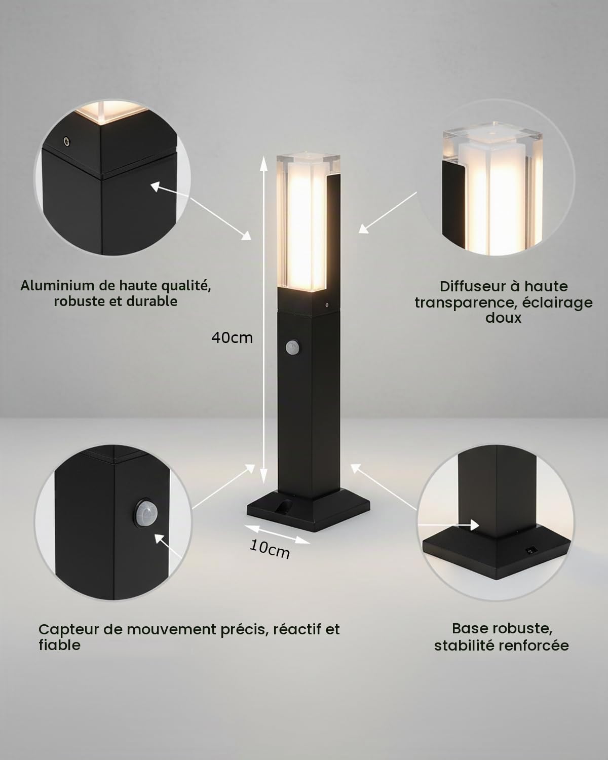 Borne Lumineuse Exterieur avec Détecteur de Mouvement, 40cm, IP65