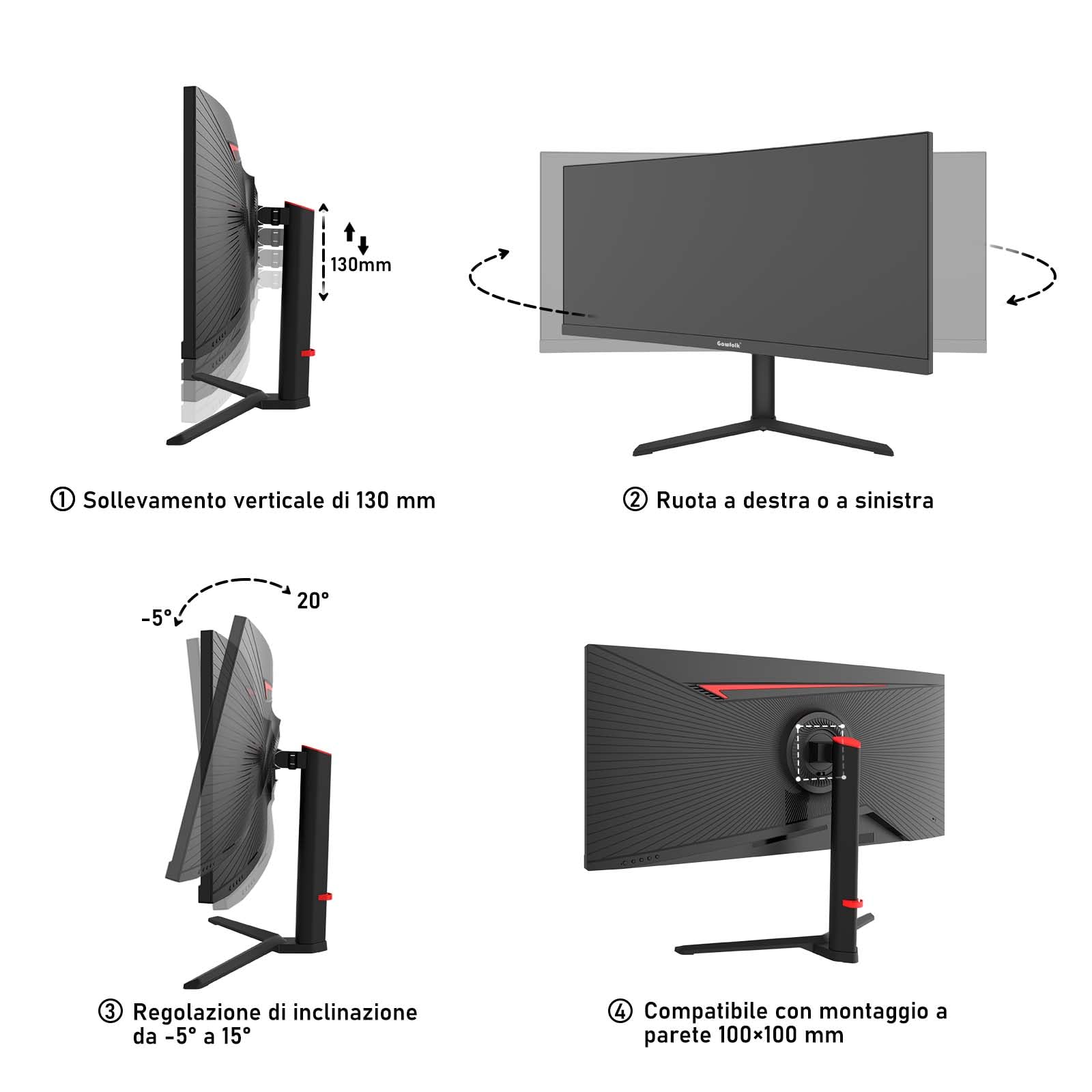 Gawfolk Monitor Gaming Curvo Ultrawide 34 Pollici 165Hz UWQHD 3440x1440 21:9 3800R 120% sRGB 1ms Adaptive Sync - Nero