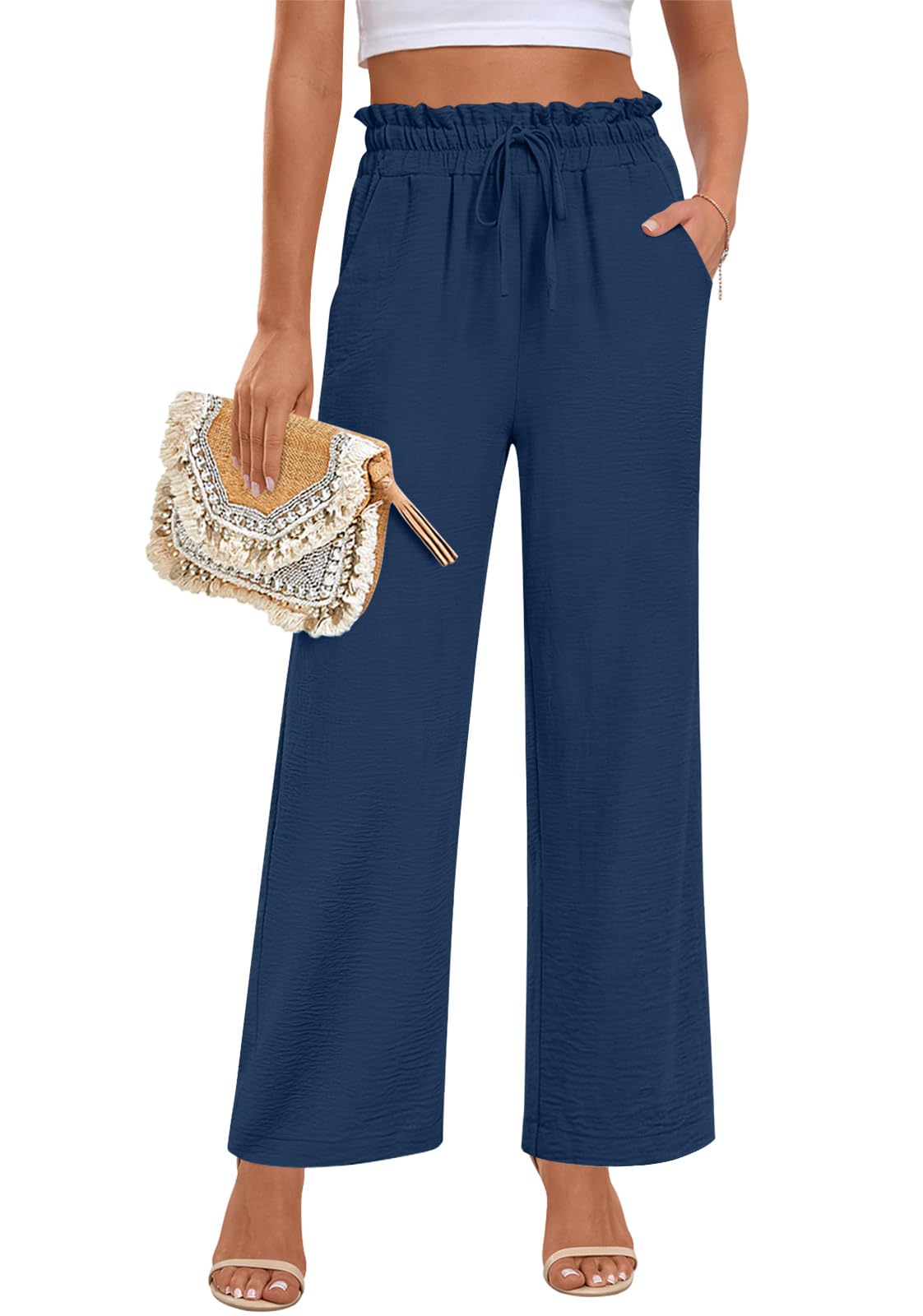 Anymeet Womens Pants Wide Leg Palazzo Loose High Waist Lounge Pants with Pockets Causal Trendy Summer Outfits M-3XL