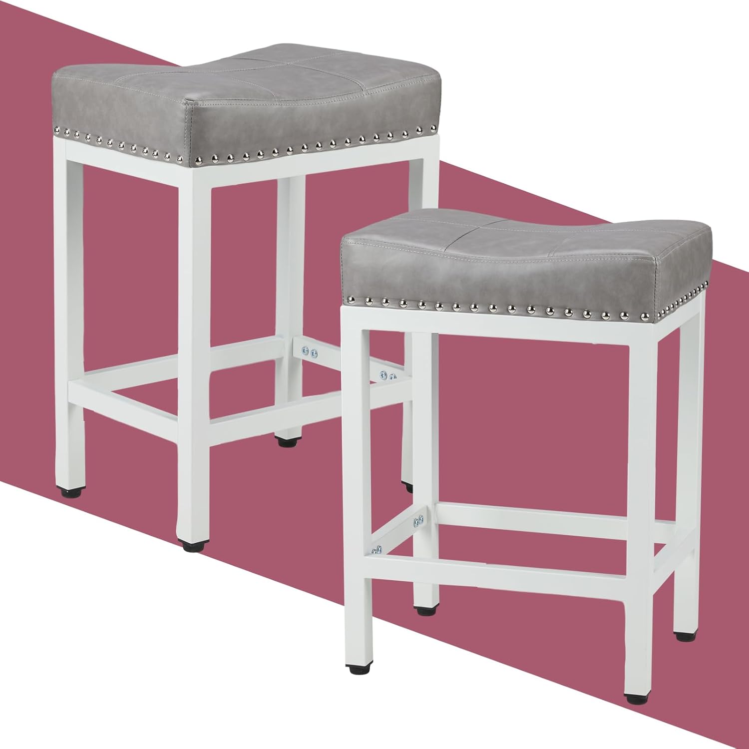 NEWBULIG Bar Stools Counter Height - 24 Inch Saddle Stools, PU Leather Modern Kitchen Barstools with Metal Base Footrest,Grey,Set of 2