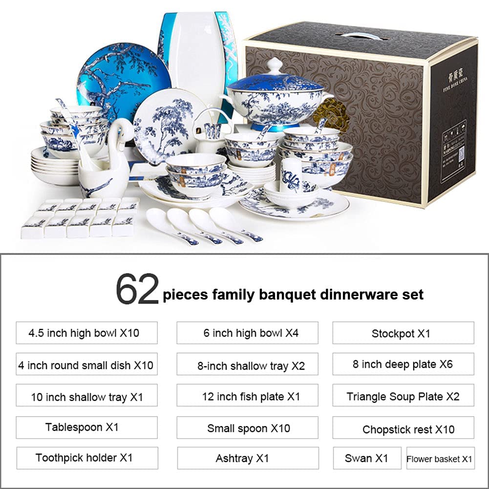 Ensemble de Vaisselle en Porcelaine Anglaise, 62 pièces, Bols, Plats et Baguettes en céramique pour la Maison (Service pour 6 à 8 Personnes) - pour Amis et fami(