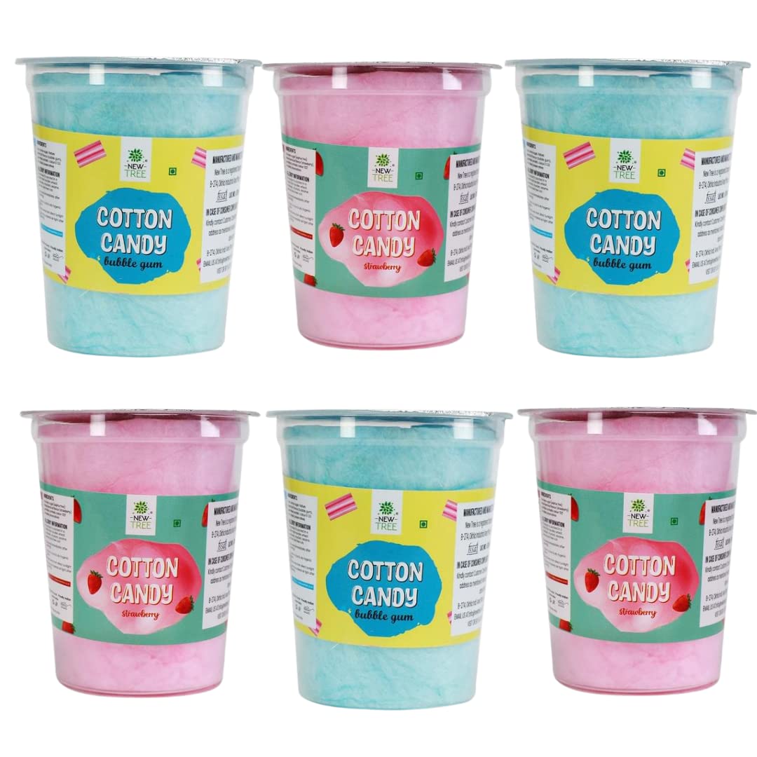 New Tree Cotton Candy Pack of 6 (35gm X 6) II Candies for Kids II Sugar Hair candy II Bubble-gum Flavour & Strawberry Flavour