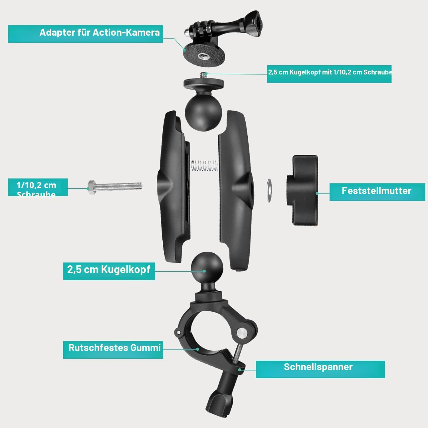 UNSTINCER Action Kamera Halterung für 8–35mm Stange für GoPro Hero 13 12 11 Insta360 X5 X4 X3 DJI Osmo, Motorrad Spiegel Fahrrad Lenker Halter mit 1/4–20 Gewinde und Aktion Cam Adapter