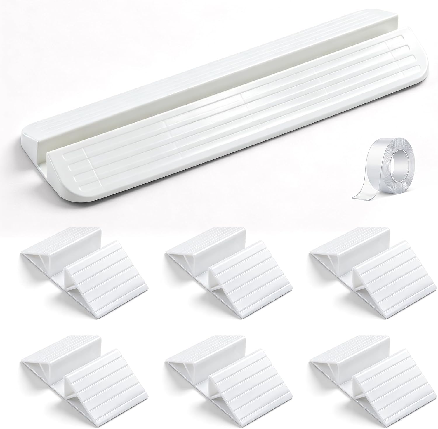 Novabright 7 Pcs Pet Gate Support Feet Set 6 Plastic Short Triangle Stabilizer Reinforcement with 1 Support Feet Long for Pet Dog Gate Fence Panels, 1 Roll of Double-Sided Nano Tape Included(White)
