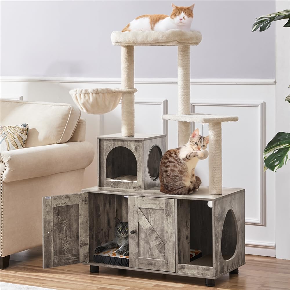 Yaheetech Katzenbaum mit Katzenklo Schrank, 134,5 cm hoch, All-in-One Kratzbaum mit Höhle Plattform Liegemulde, Katzenschrank für Katzentoilette, Greige-Beige