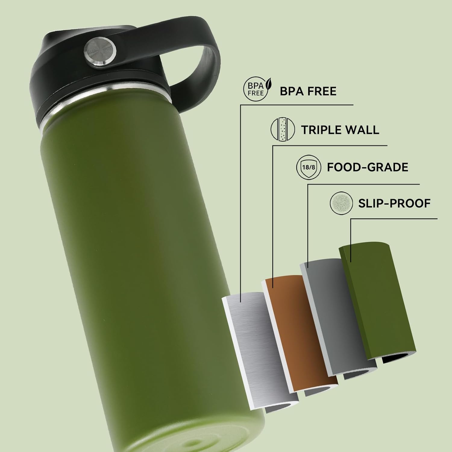18oz Insulated Stainless Steel Water Bottle, Wide Mouth Double Wall Vacuum, Silicone Straw, Sweat & Leak Proof, BPA Free Insulated Water Flask for Travel, Keep Cold 24h Hot 12h, Green - Image 4