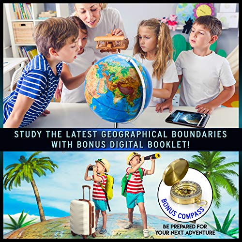 Interactive World Globe for Adults &#8211; Large 13 Inch Globe with Stand &#8211; Earth Globe with Illuminated Constellations Light Up at Night &#8211; Geographic Map for Kids &#8211; Educational Learning Gift &#8211; Compass to navigate it!