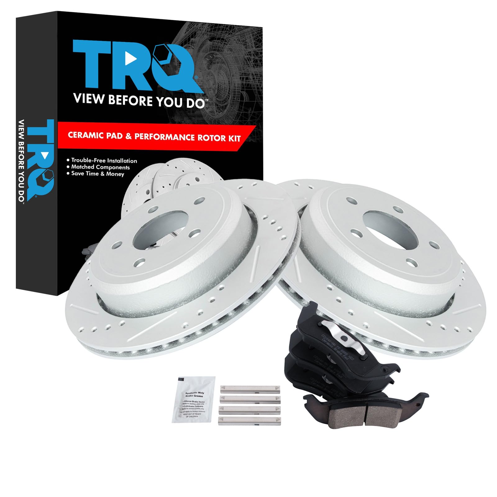 TRQ Performance Rear Brake Pad and Rotor Set Ceramic Drilled Slotted G Coated Rotors Compatible with 2005-2011 Ford Crown Victoria 2005-2011 Mercury Grand Marquis
