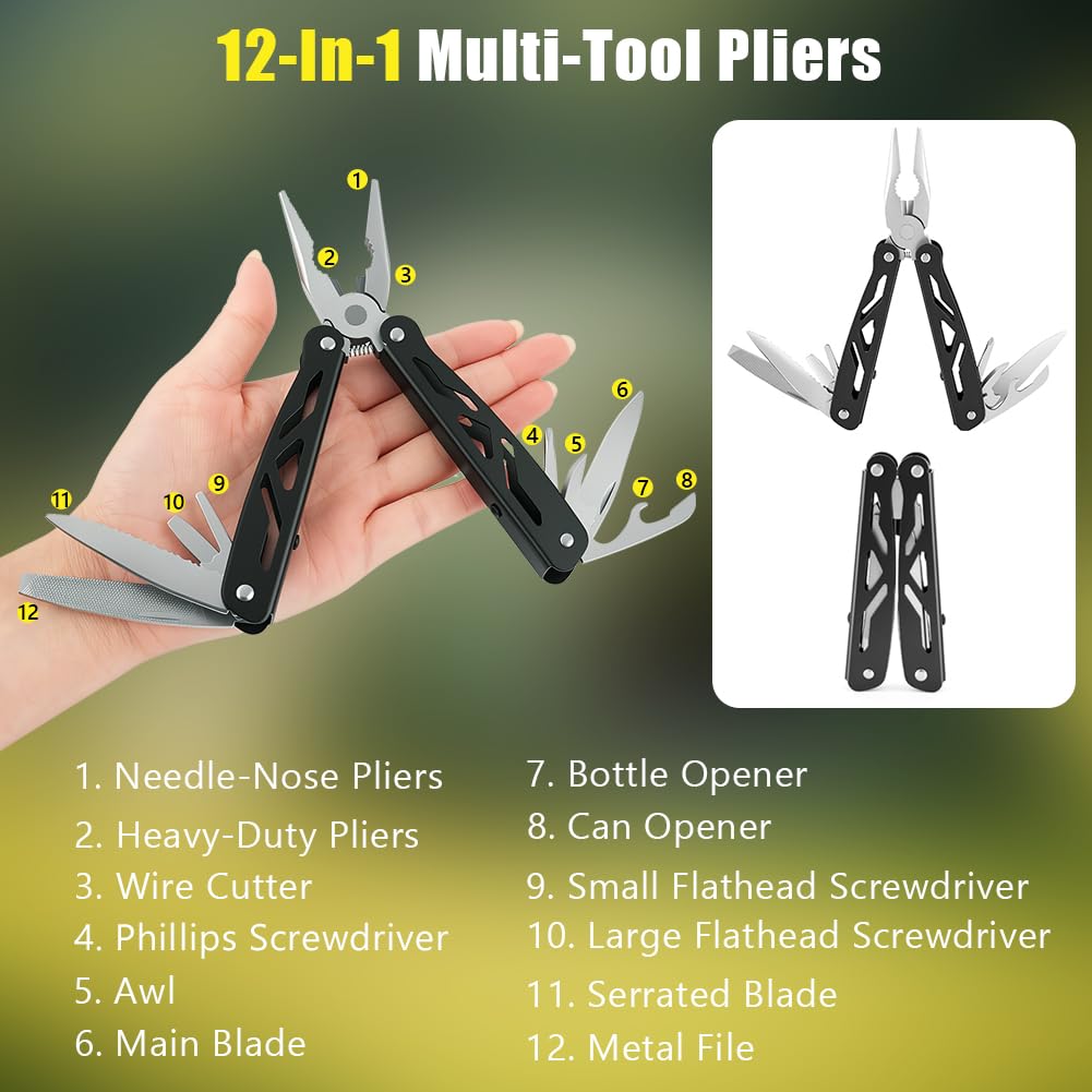 URAQT Coltello Multiuso, 12 in 1 Pinza Multifunzione in Acciaio Inox, Multiutensile, con taglia lama, cavatappi, lima per unghie, per DIY, campeggio, Idee Regalo Uomo Compleanno Regalo Anniversario