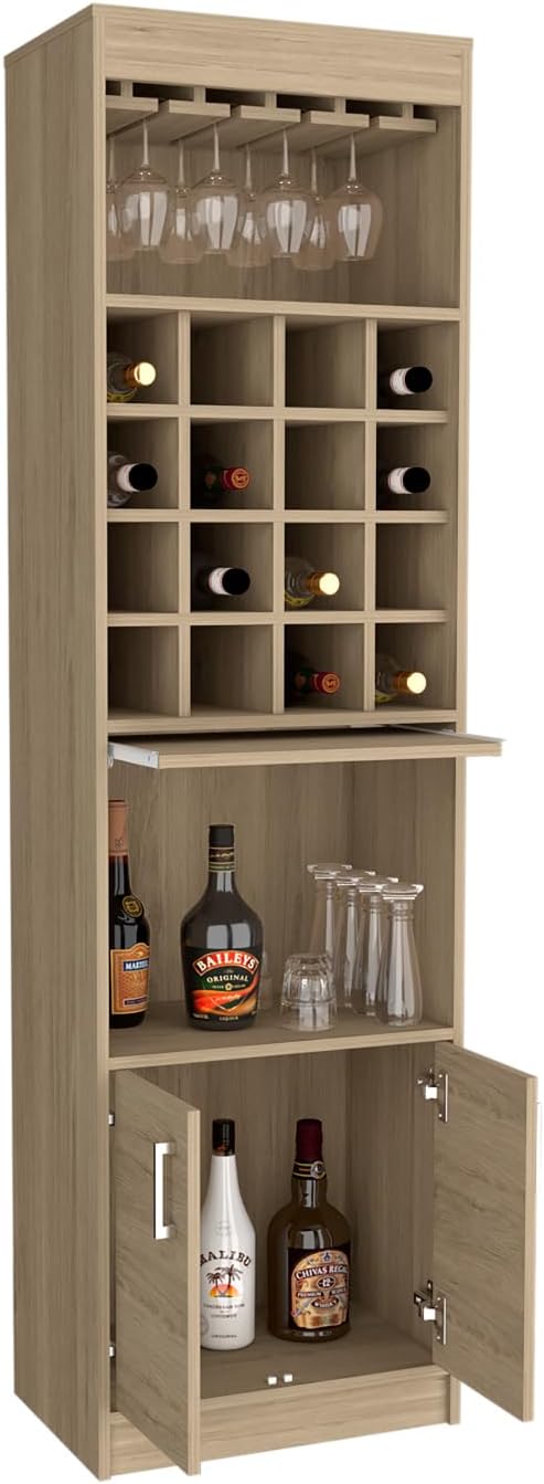 Bar Cabinet, Double Door with Two Shelves Cabinet, Sixteen Built-in Wine Rack -Light Pine