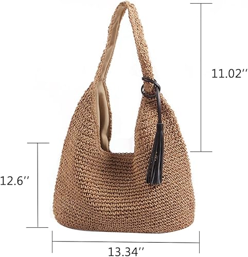 Miniatura 3 de QTKJ Bolso de hombro de paja grande y suave tejida a mano con borlas negras estilo bohemio con asa de paja estilo retro para playa de verano
