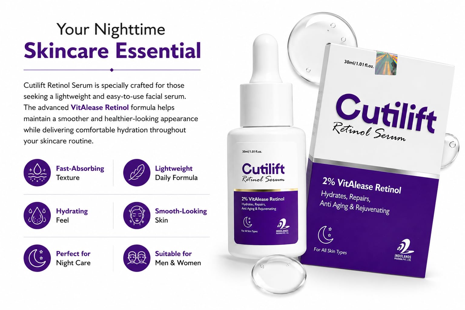 Cutilift Retinol Serum 30ml | 2% VitAlease Retinol Face Serum for Hydration & Skin Renewal | Lightweight Anti-Aging Serum for Fine Lines, Uneven Texture & All Skin Types 2