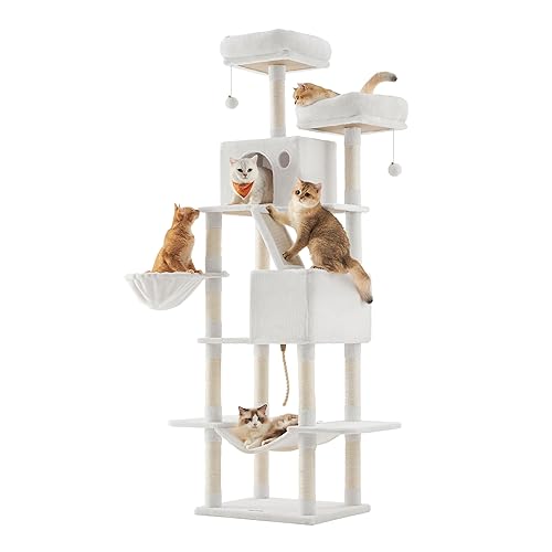 Feandrea Cat Tree, 81.1-Inch Large Cat Tower, Multi-Level Plush Condo with 13 Scratching Posts, 2 Perches, 2 Caves, Basket, Hammock, Pompoms, Cream White UPCT190T01 - XXL (23.6"L x 19.7"W x 81.1"H) - Cream White