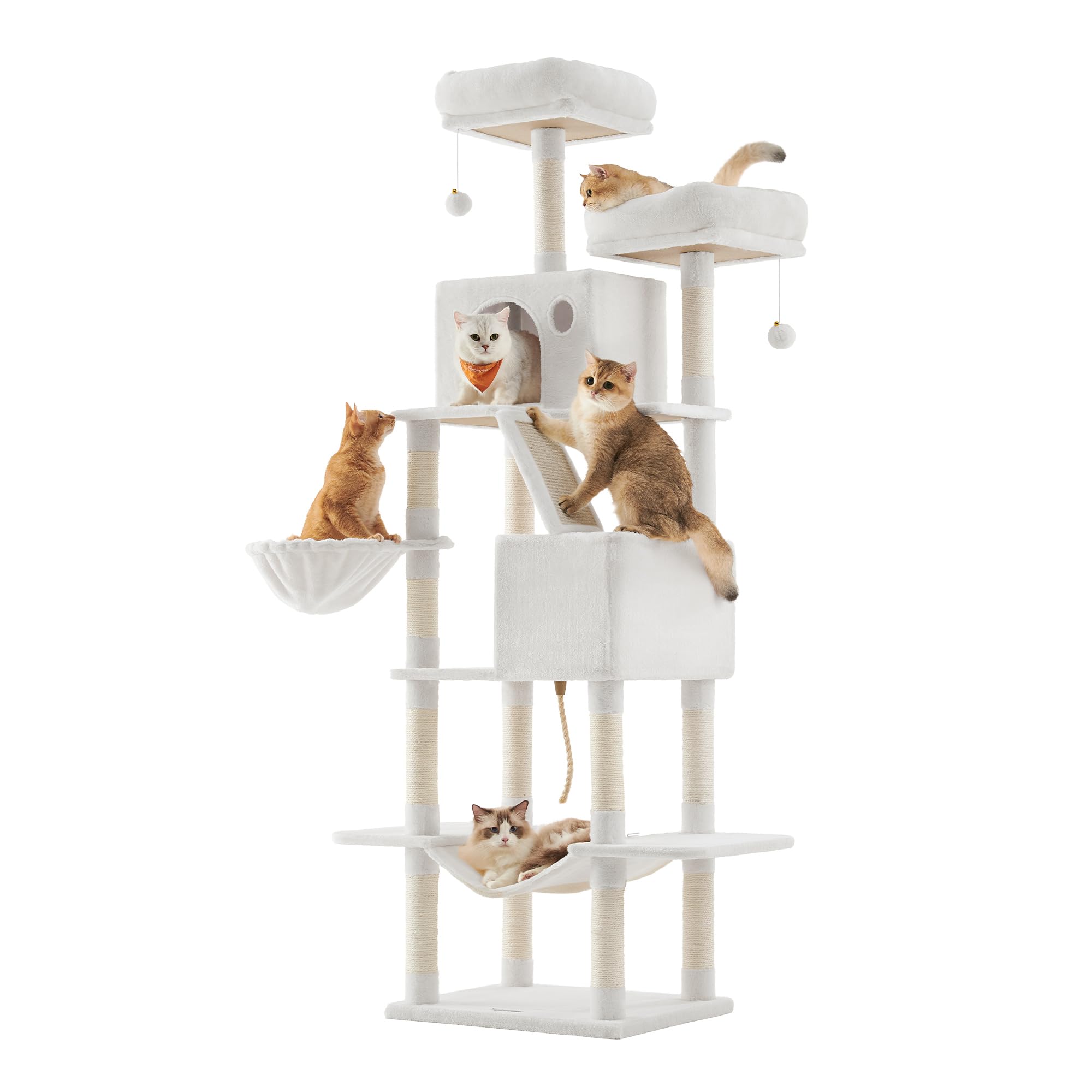 Feandrea Cat Tree, 206 cm Large Cat Tower Condo with 13 Scratching Posts, 1 Scratching Ramp, 2 Perches, 2 Caves, Basket, Hammock, Pompoms, Cream White PCT190T01V1