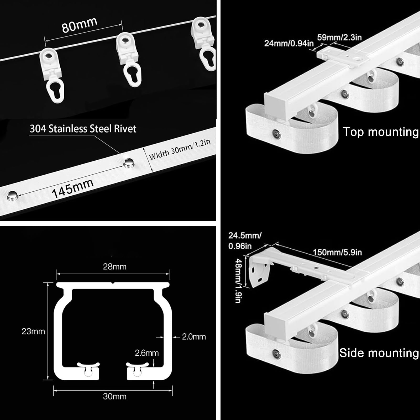 Szyna do zasłon, aluminiowa szyna sufitowa do zasłon przesuwnych, wytrzymały system zasłon ściennych, 110 cm
