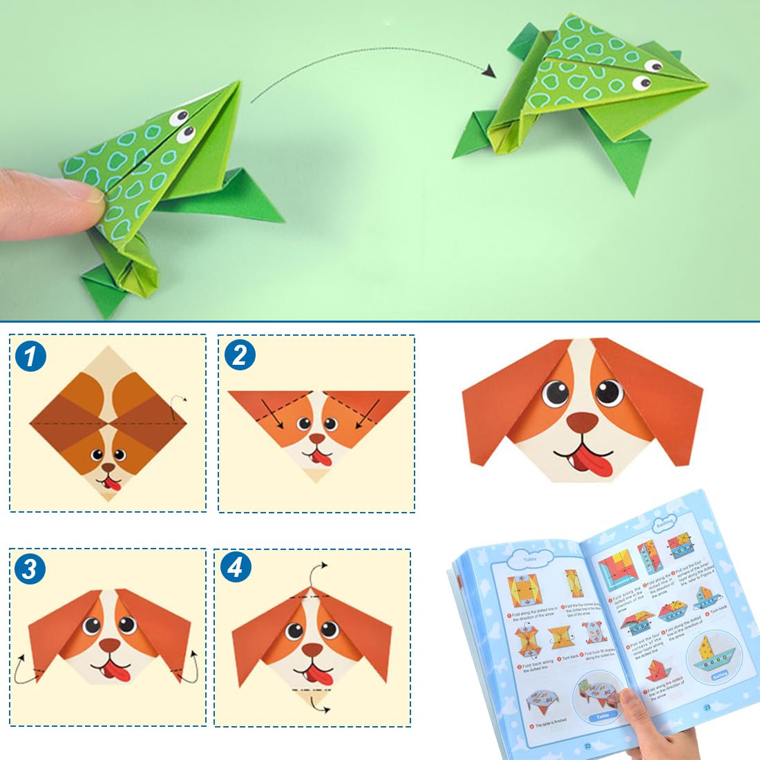 Kit de Origami para Niños 108 Hojas de Papel con 54 Patrones + 50 Papeles de Colores, Libro de Instrucciones, 14x14cm