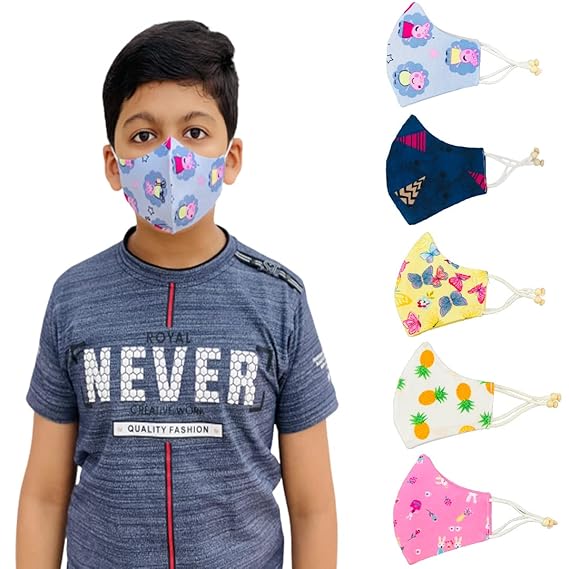 NewBR | Cotton Mask For Size (3-7) OR(7-12) Year Old Kids Mask for Boys Girls Children Mask Gift Washable & Reusable Adjustable Ear Loops and Ear Saver Strap Fabrics-(3)