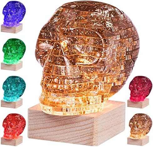 3D Skull Crystal Puzzle, Skull Assembly Brain Teaser with Light-Up Wood Base for Halloween Decorations Outdoor, Plastic Skull DIY Puzzle Blocks 3D Model Toy, Gift for Adults, Kid 14+, 49pcs (Grey)