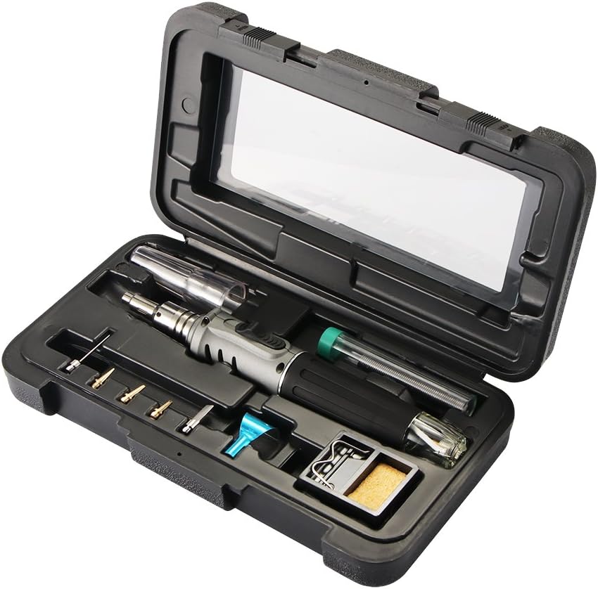 Greenbang Butane Soldering Iron Kit, 10 in 1 Gas Soldering Iron Self-igniting Torch Kit with 5 Iron Tips Kit, Solder Tin Tube,Soldering Iron Stand, Protective Cap in Plastic Carry Case
