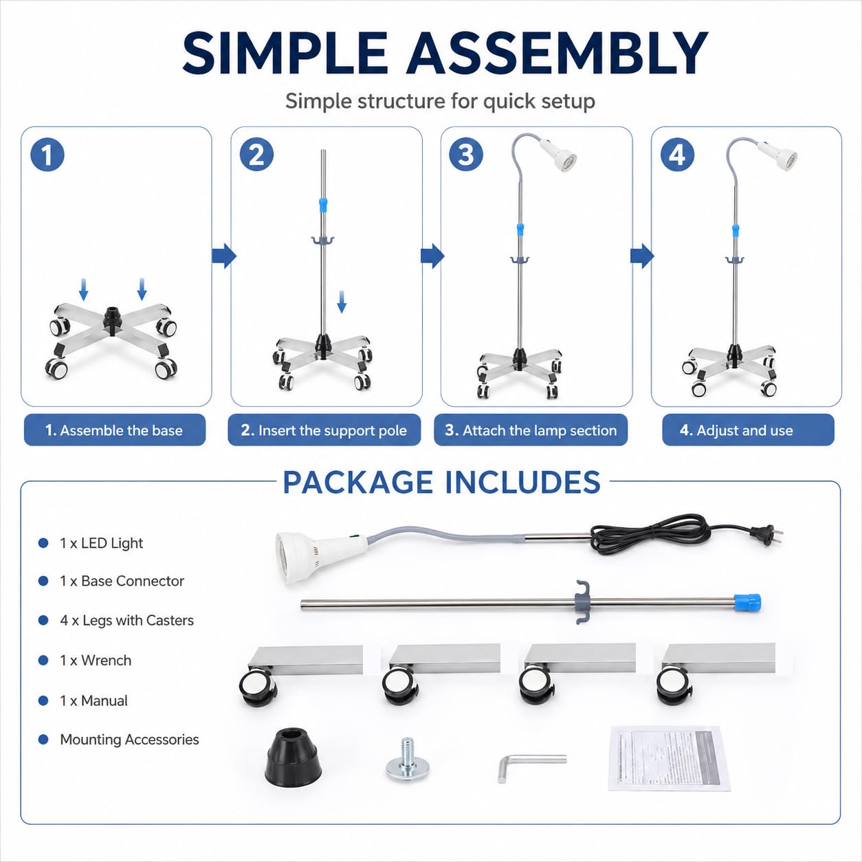 Mobile Untersuchungslampe, Einstellbare Höhe Stehlampe Dental Mobile Led mit 4-Universalrädern 2 mit Bremsen, 360° Drehbar Untersuchungsleuchte Ambulanzen, Gynäkologie, Schönheitssalons