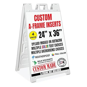 Four Pack Custom A-Frame Sign Board 24 x 36 Inch Full Color Print Inserts and Text, Weatherproof Sandwich Board Signs for Outdoor, Sidewalk Sign for Business