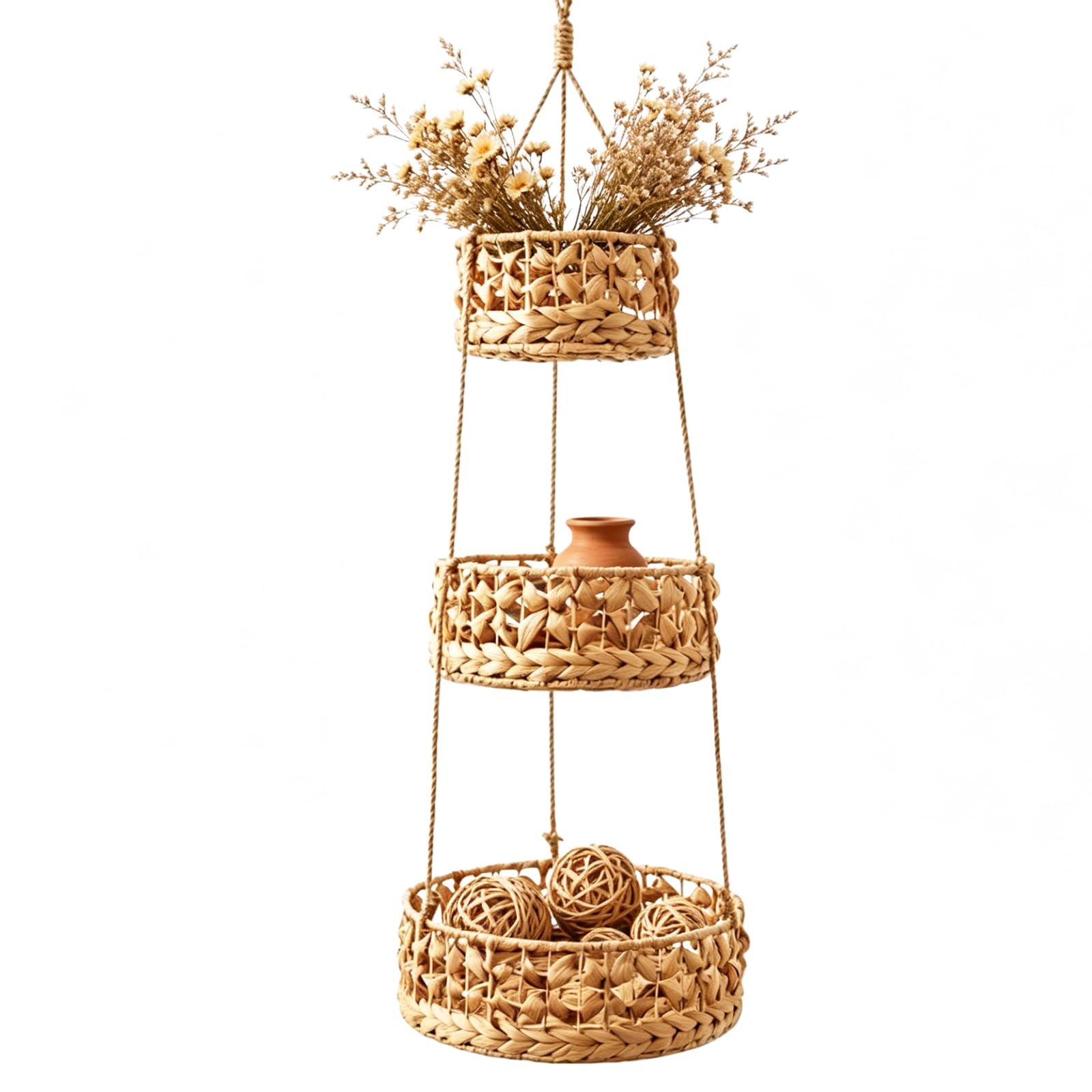 3-stöckiger Obstkorb zum Aufhängen, 3 Körben Aus Wasserhyazinthe, Wandregal aus 100% natürlichem Material, Platzsparende Hängekörbe für Küche, Gesamthöhe 100cm, Für Obst, Gemüse & Snacks