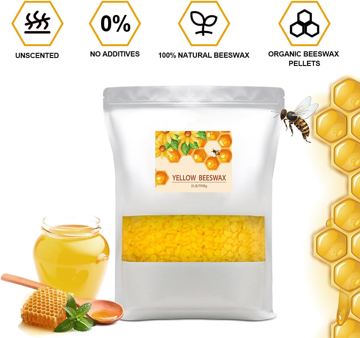 Beeswax Pellets 2LB, Yellow Beeswax, 100% Organic Beeswax for Candle Making, Body, Skin Care DIY, Lip Balm and Soap Making Supplies