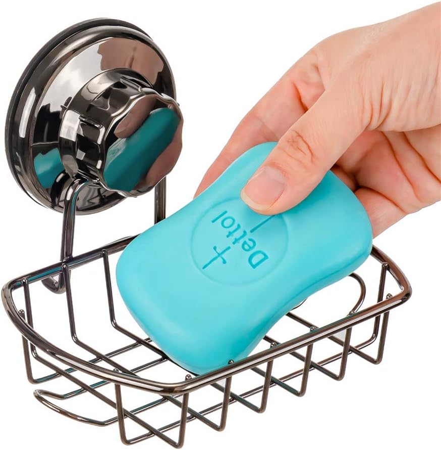 SANNO Suction Cup Soap Holder with Hooks, Soap Dish Saver Tray Bar Soap Sponge Holder for Shower Wall, Bathroom, Tub and Kitchen Sink Black Nickel