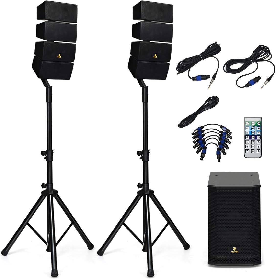 AKUSTIK 12 Inch 3000 Watt DJ Powered PA Speaker System Combo Set, 8 X Line Array Speakers Set with EQ, Active Subwoofer, 2 Speaker Stands, Remote Control & Bluetooth/USB/SD/RCA