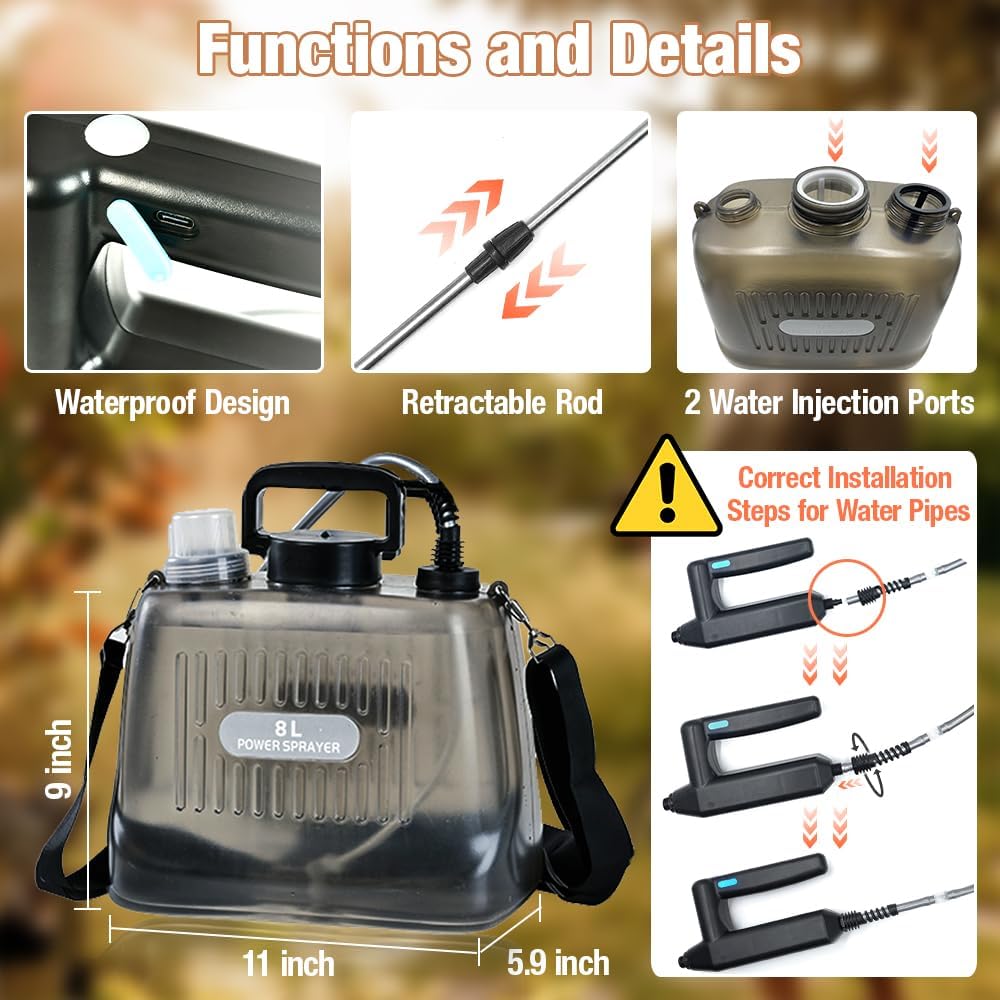 Battery Powered Sprayer 2 Gallon, Upgrade Powerful Electric Garden Sprayer with 4 Mist Nozzles, Adjustable Shoulder Strap, Rechargeable Handle and 32in Telescopic Wand for Lawn, Garden, Clean (Grey)