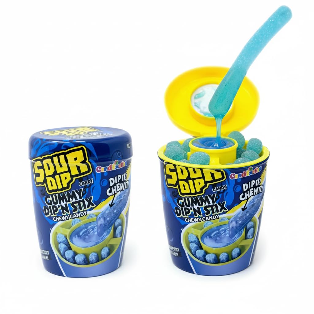 CandiExotics Sour Juicy Dip Gummy Candy Dip'N Stix Sweet & Sour Chewy Candy For Kids Blueberry Flavor, Perfect For Parties & Treats, 96 Grams