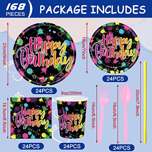 Teefity 168 Pcs Neon Glow Birthday Party Tableware Set, Party Table Decorations Supplies Include 7 Inch And 9 Inch Disposable Paper Plates, Napkins, Cups Straws And Forks Spoons For 24 Guests #TOP1