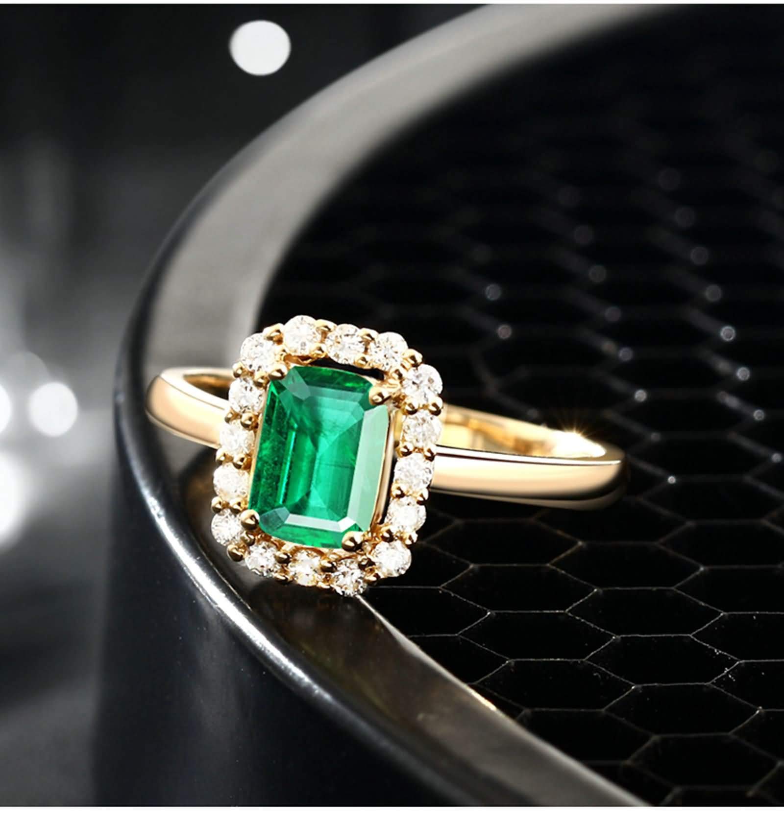 Daesar Anillos de Mujer de Matrimonio con Rectángulo con Esmeralda Creada y Moissanita, Oro Amarillo 9K/14K/18K, Anillo Prometida Oro Verde