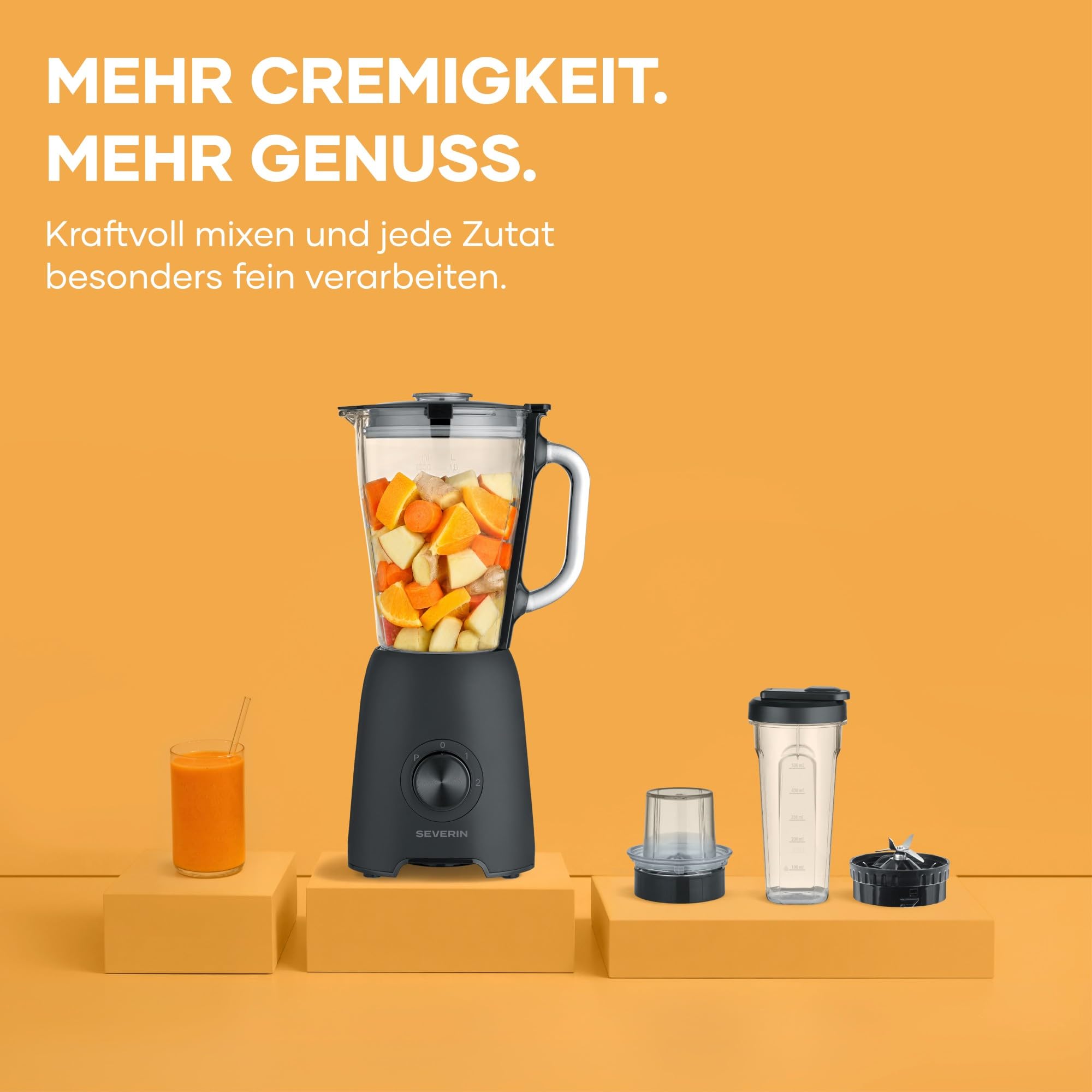 Severin Standmixer, Smoothie Maker, Blender elektrisch, 1,5L, 2 Stufen, Impulsfunktion, spülmaschinengeeignete Teile, Edelstahlmesser, inkl. to go Behälter und Mühlen-Aufsatz, 600W, schwarz, SM 3724