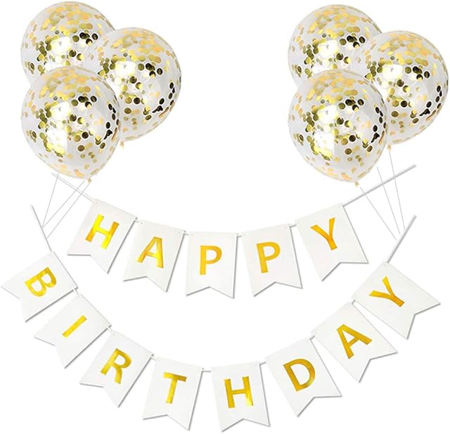 AUERVO Happy Birthday Banner, Large White Birthday Bunting with Shiny Gold Letters and 6 Pcs Gold Confetti Balloons Party Decorations kits for Any Ages's Party Supplies