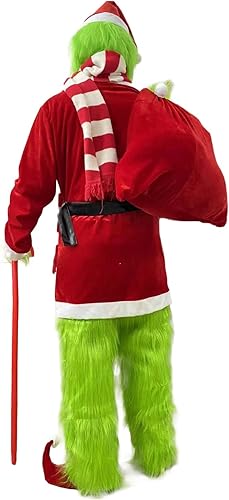 Miniatura 4 de Christmas Santa Claus Costume Green Furry Monster Suits Outfit Santa Coat Cosplay Mask Halloween Christmas Costumes for Men