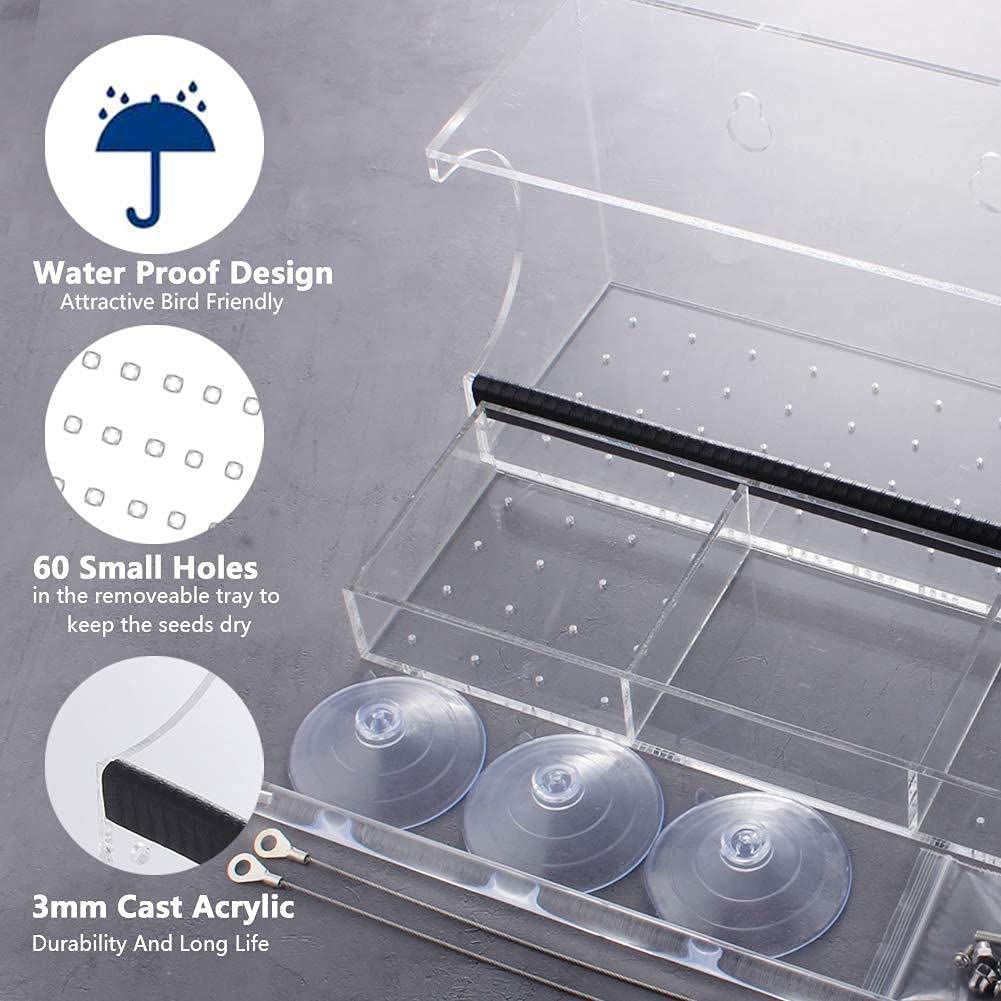 YXSH Comedero para Pájaros con Ventana Acrílico Transparente Bandeja con Ventosa Fuerte Colgante para Jardín Al Aire Libre para Observar Y Agregar Alimento, Útil Alimentador