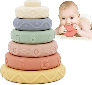 MARUMINE 6PCS Stacking Cricle Toys, Nesting & Building Rings Stacker, Soft Silicone Squeeze Teethers Play Set, Early Educational Learning Stacking Tower for 6+ Months Baby Boys Girls