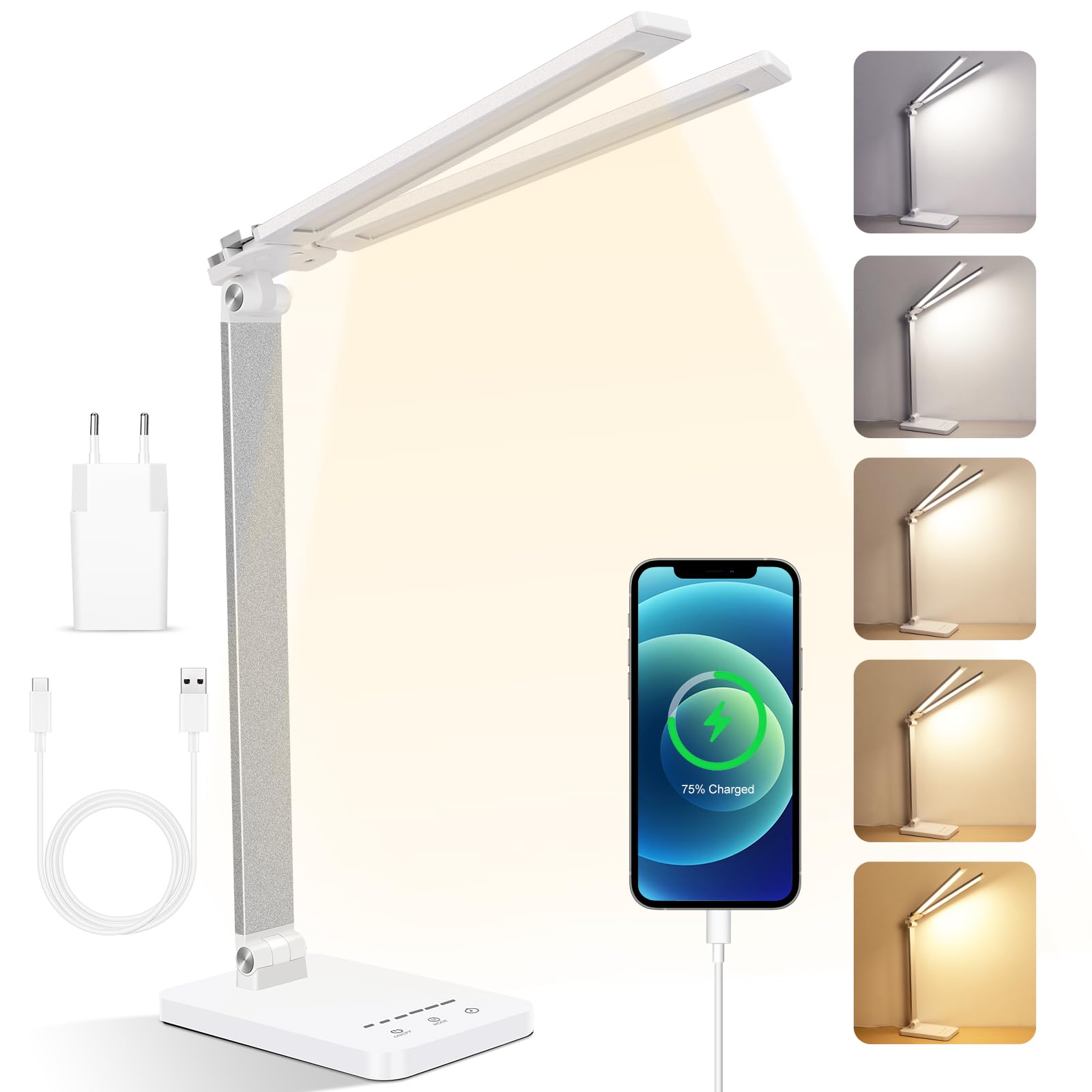 Dual Swing Arm LED Schreibtischlampe: 5-Modi Touch Control 6 Helligkeitsstufen Metall Schreibtischlicht mit 30/60 Min Auto-Off Timer, USB-Ladeanschluss mit Netzadapter für Büro Arbeit Lektüre Weiß