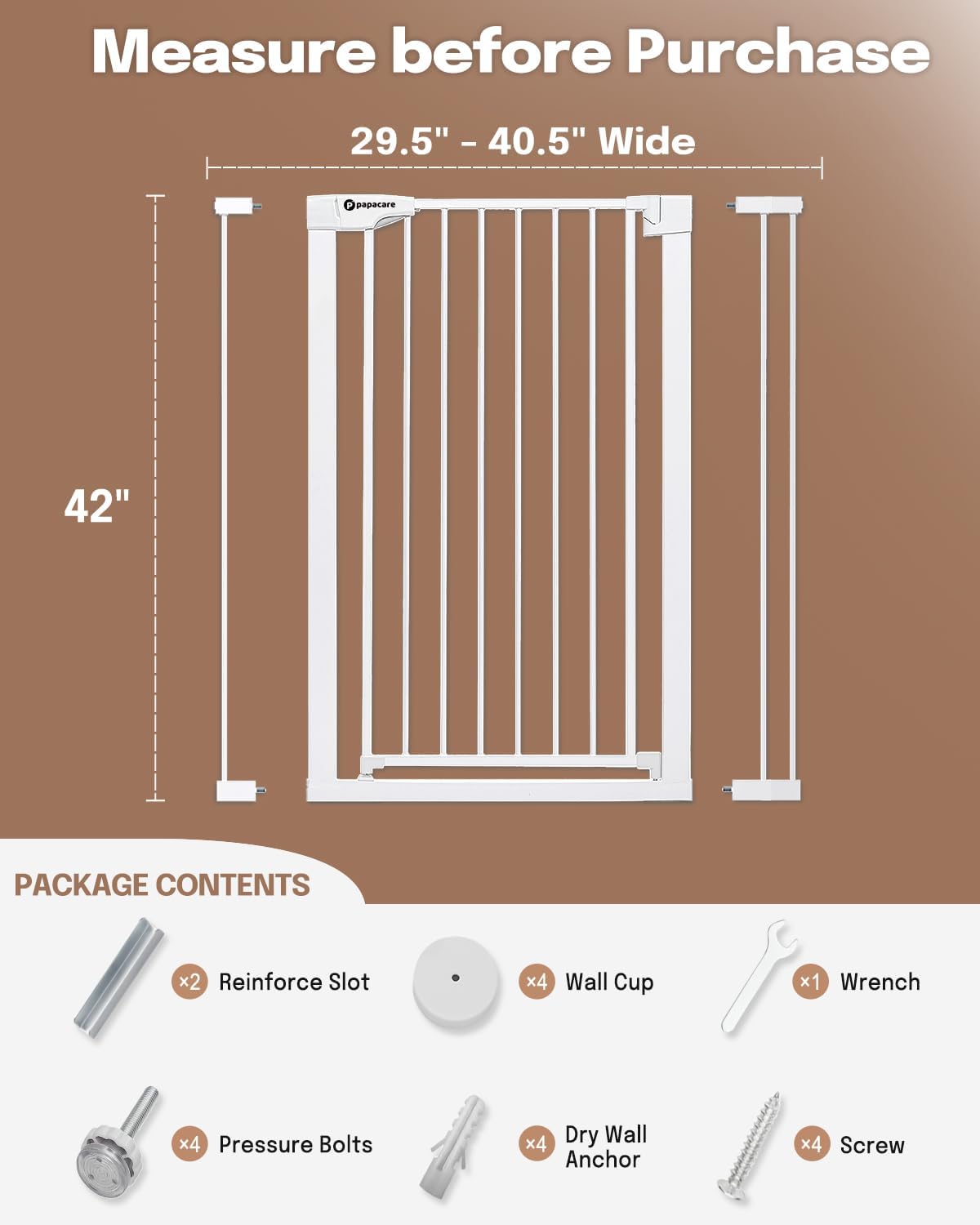 42" Extra Tall Baby Gate for Stairs and Doorways, Fits Openings 29.5"-40.5" Wide, Auto-Close, Pressure-Mounted Pet and Dog Gates, Secure Your Home While Keeping Your Little Ones Safe，White