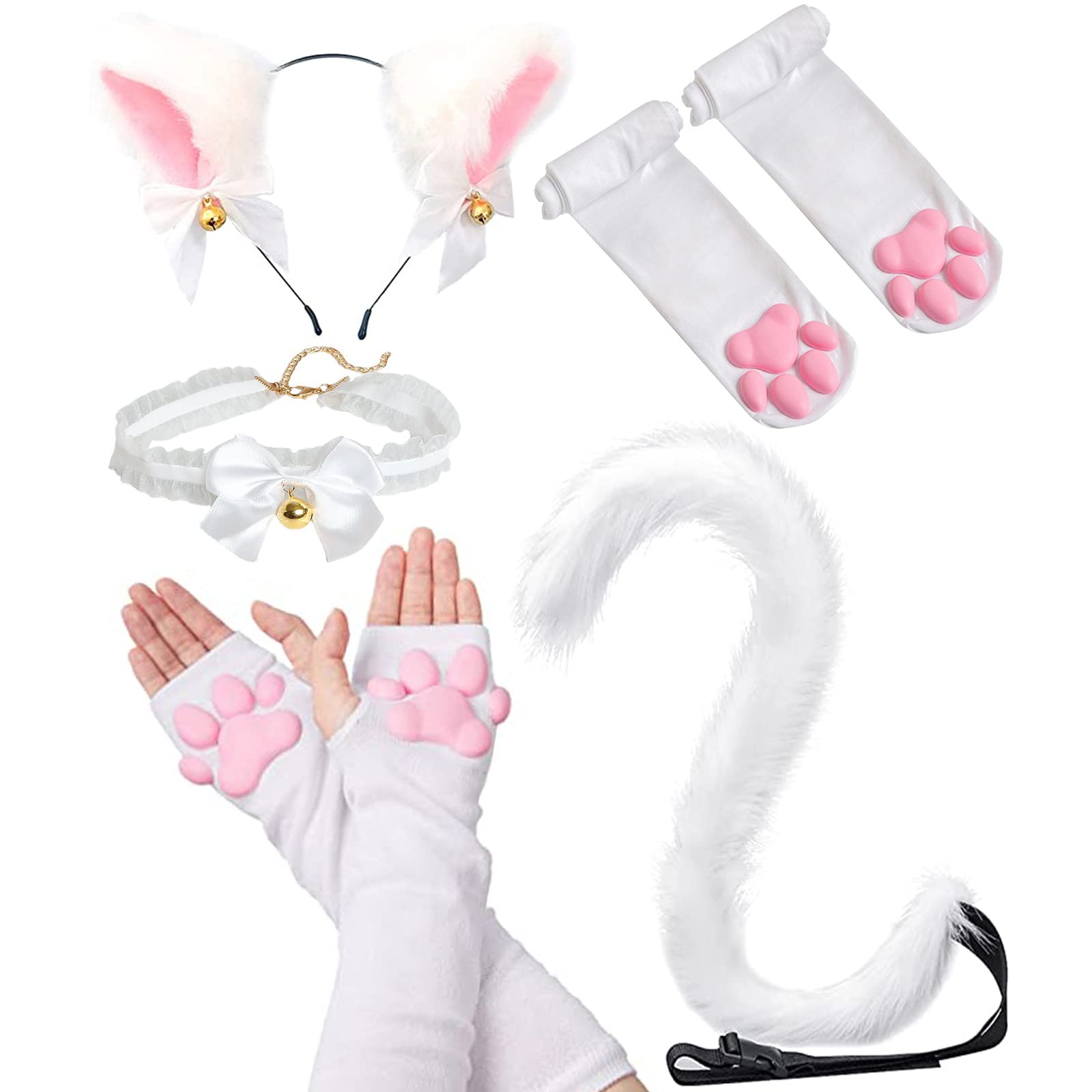Sirolisa Women's 5Pcs White 3D Silicone Cat Paw Mittens Gloves With Cat Ears Tails Cute Cat Paw Toes Beans Socks High Stockings Set For Girls Halloween Christmas Cosplay (5Pcs White)