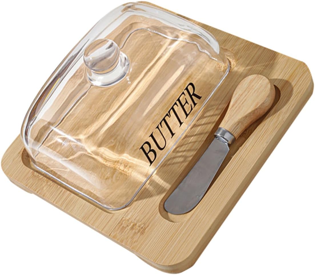 Wood Butter Dish with Clear Glass Dome and Metal Cutter Square Butter Holder Tray for Home Storage and Preservation Elegant Nordic Style for Kitchen Countertop