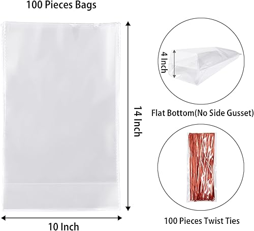 Miniatura 2 de Morepack Bolsas de celofán de fondo plano, 100 unidades, 10 x 4 x 14 pulgadas, bolsas de regalo de celofán de fondo plano transparente con lazos
